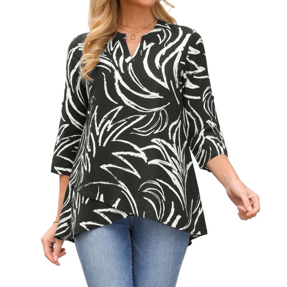 Womens High Low Tops 3/4 Sleeve Dressy Loose Casual Tunic Blouse Black